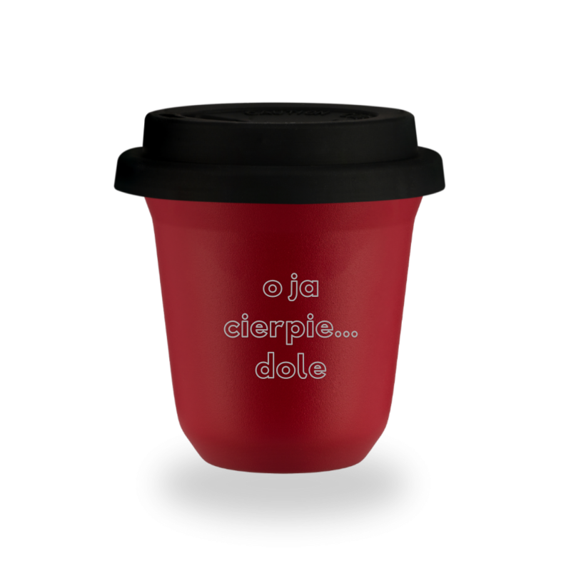 Kubek 240 ml CZERWONY "O ja cierpię dole", z pokrywką czarną